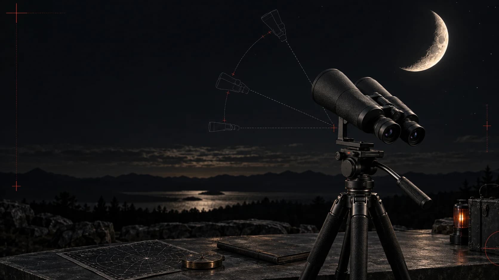 Large binoculars on a tripod with geometric sight lines at three elevations