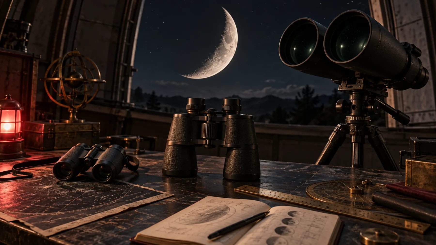 Handheld and tripod-mounted binoculars arranged beneath a crescent Moon