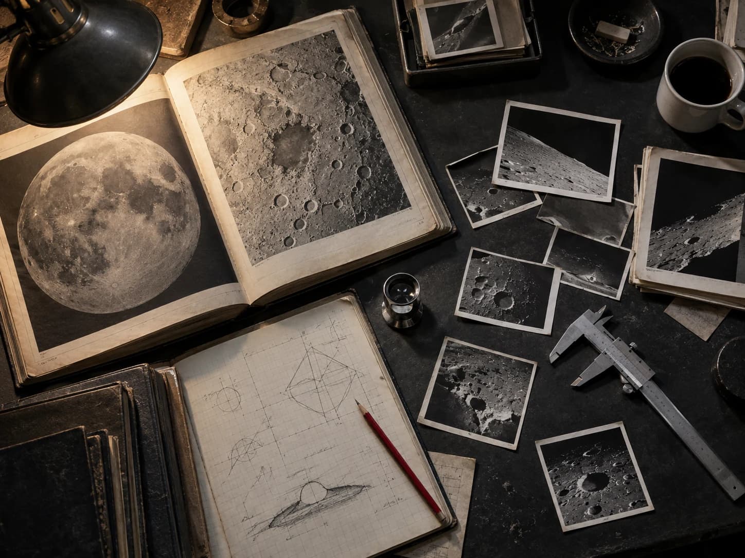 Editorial illustration of a lunar research desk with atlas, photographs, and measuring tools