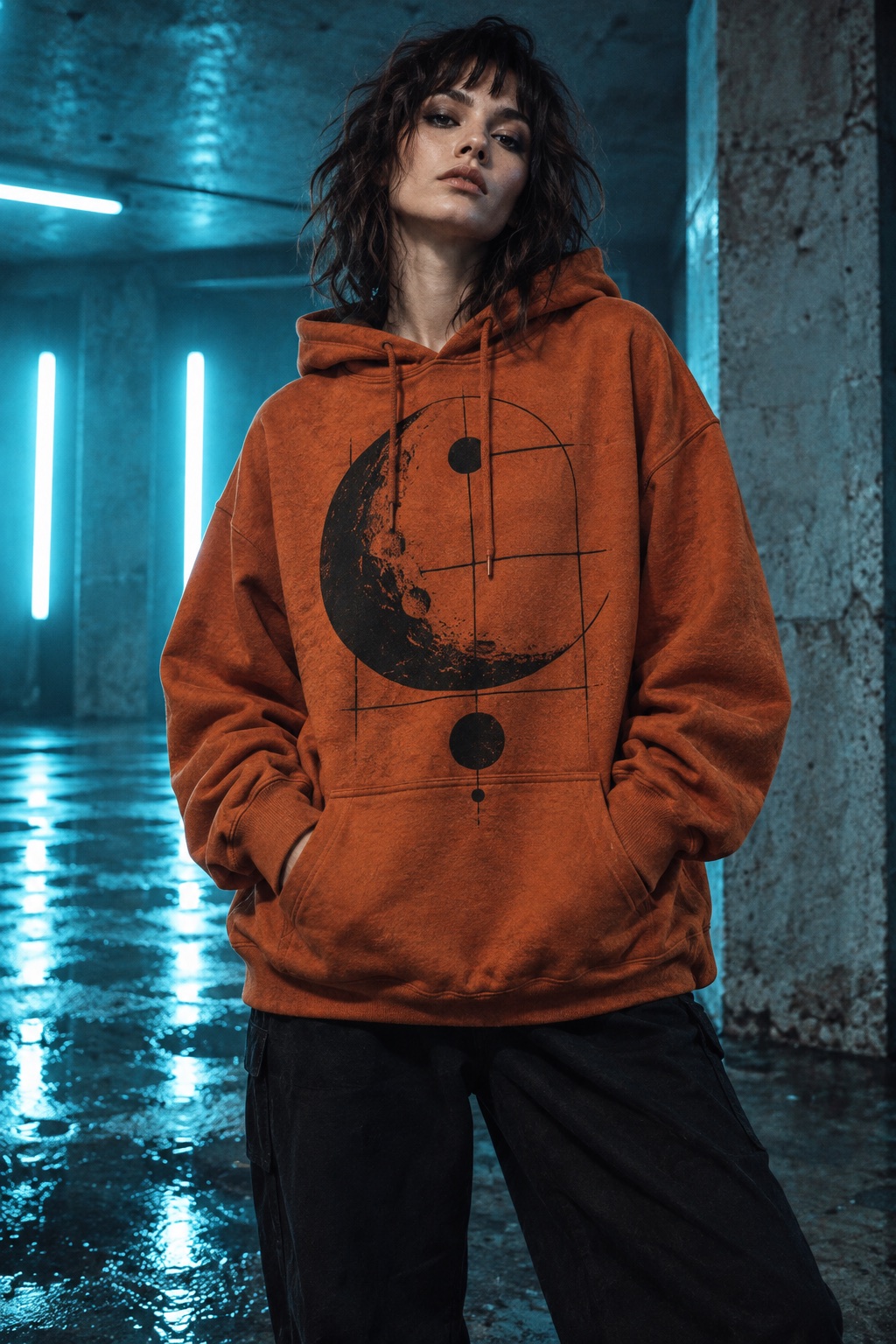 Model wearing an orange hoodie with an abstract lunar construction graphic