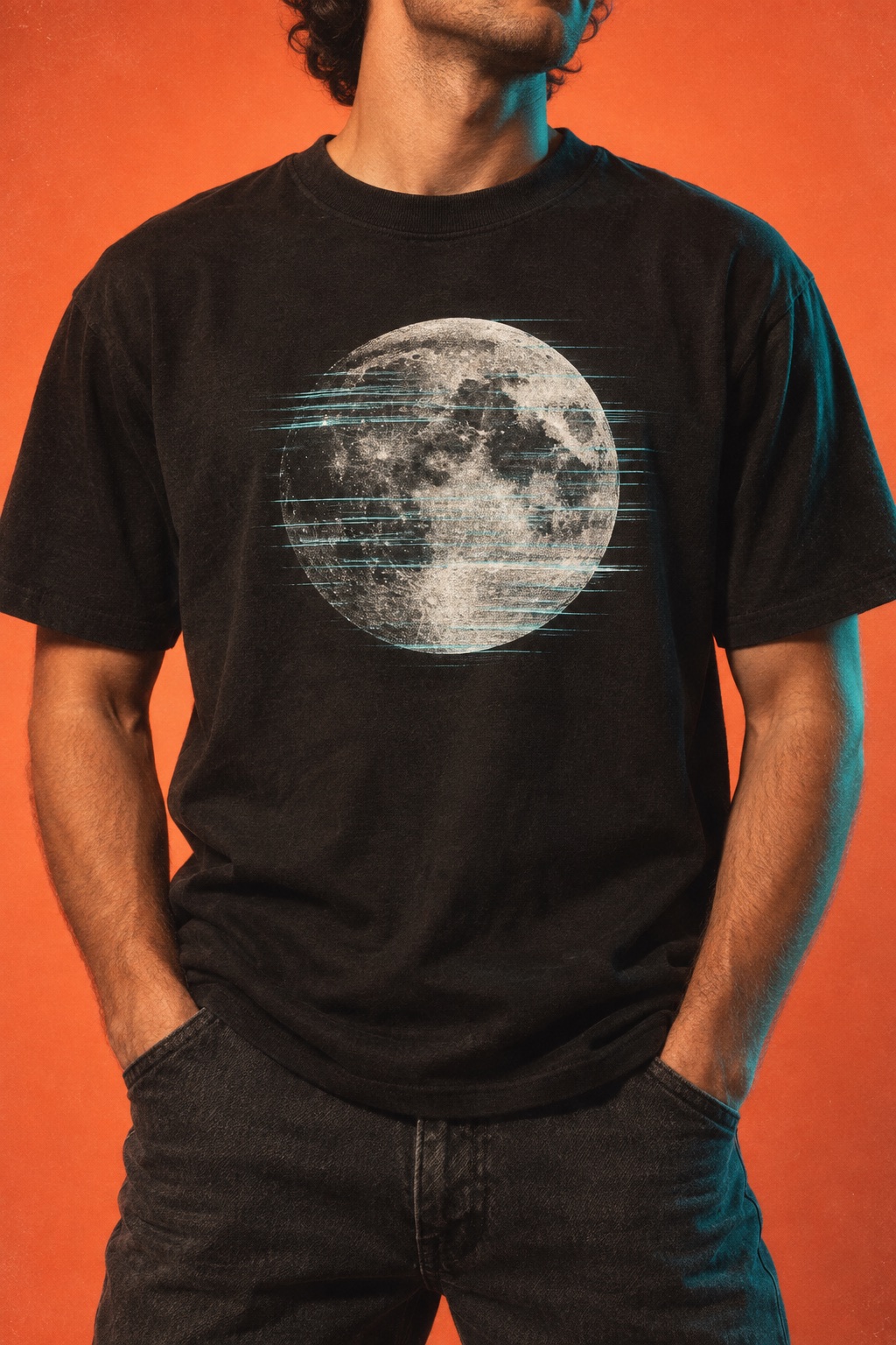 Black T-shirt with a Moon graphic broken by cyan scanlines