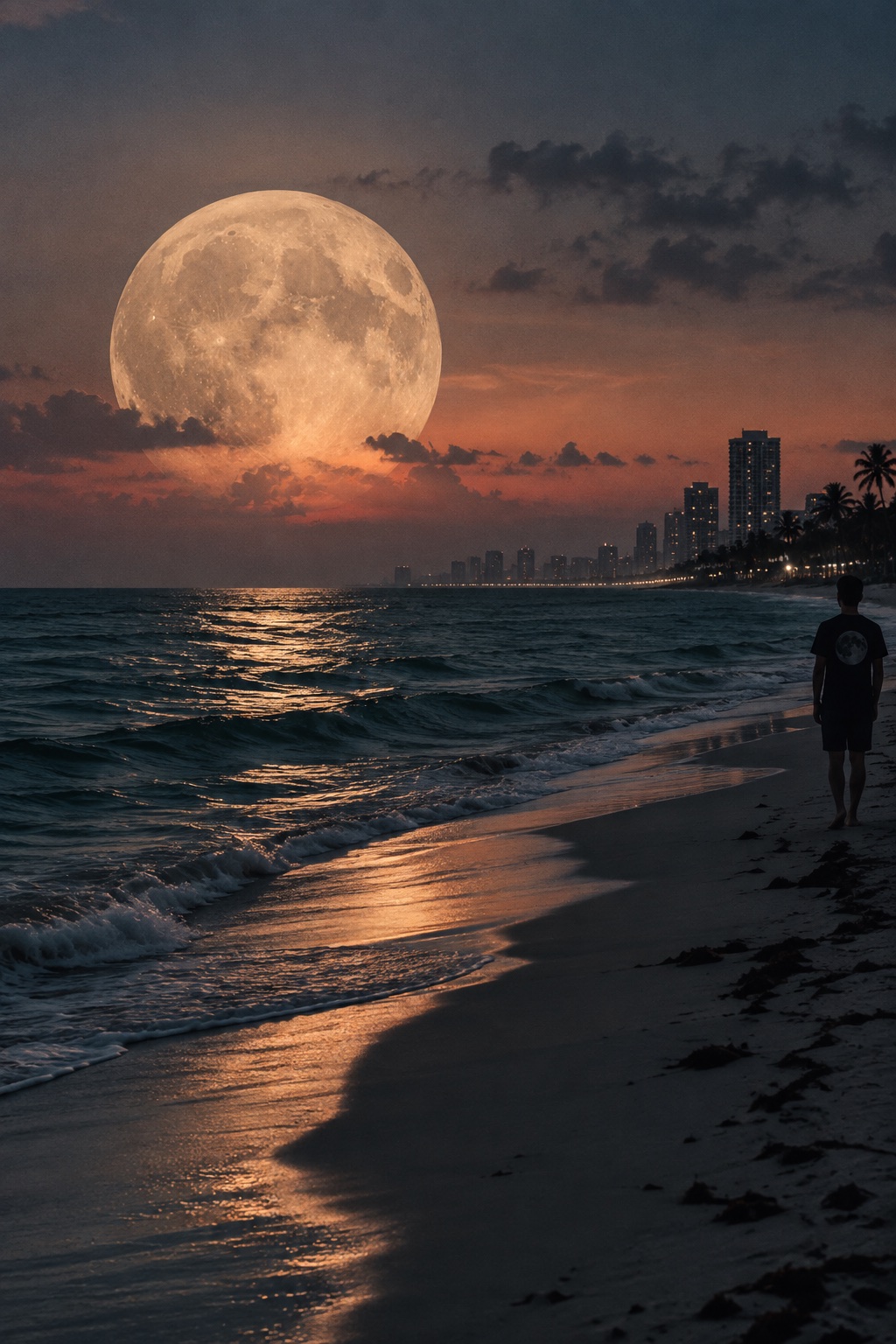 Original editorial artwork of an oversized Moon rising over a Miami coastline