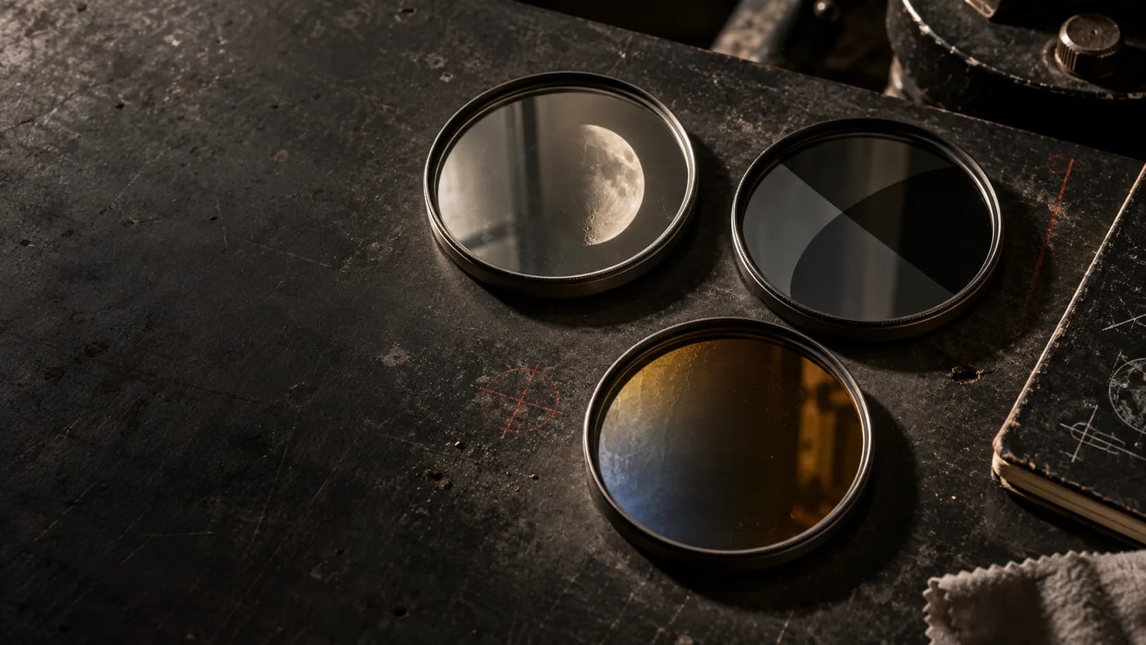 Three telescope filter cells on a dark observatory work surface