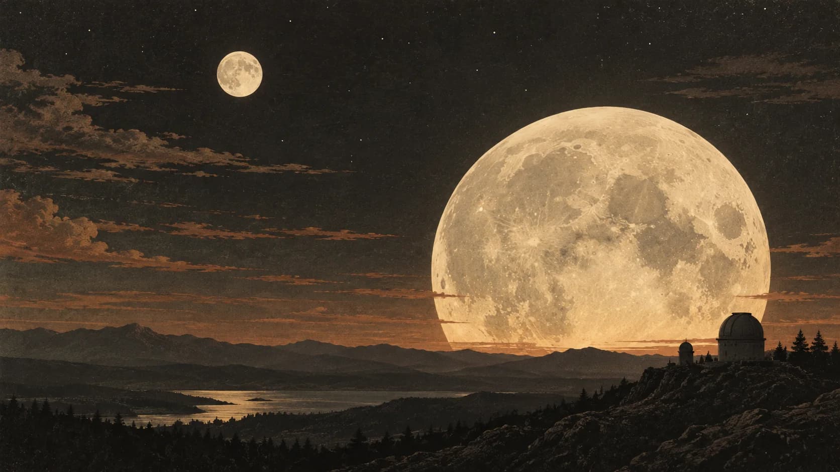 Conceptual editorial scene contrasting a low horizon Moon with a Moon high in the sky