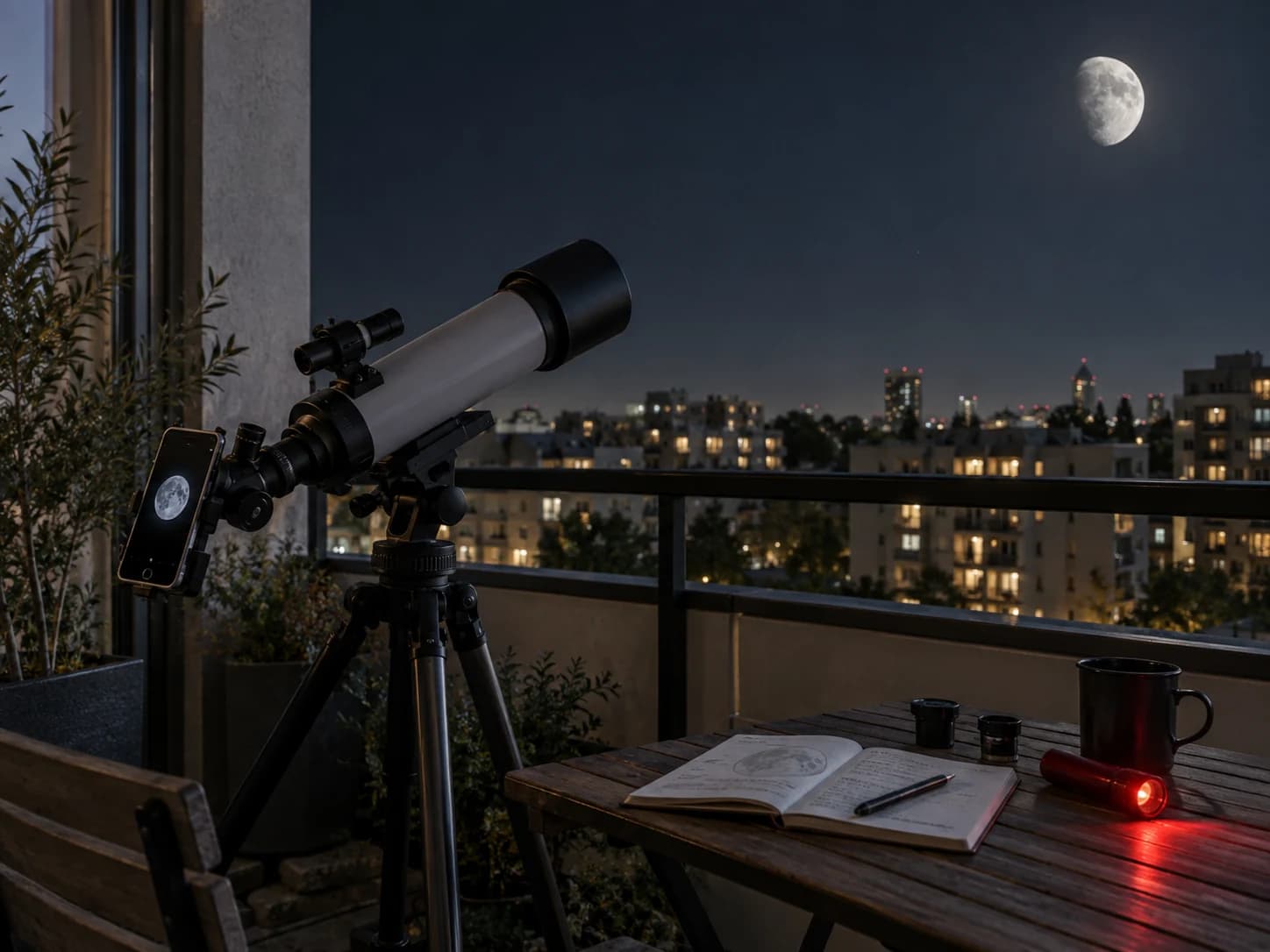 Editorial illustration of a telescope and observation notebook on an apartment balcony