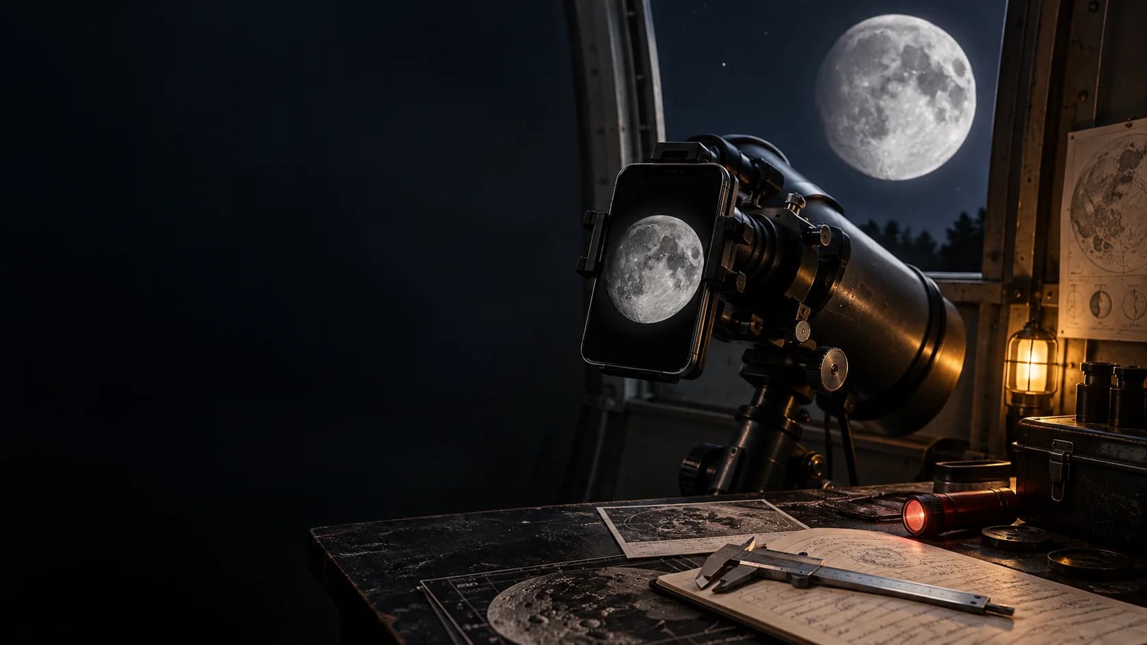 Phone aligned over a telescope eyepiece on a lunar observation desk