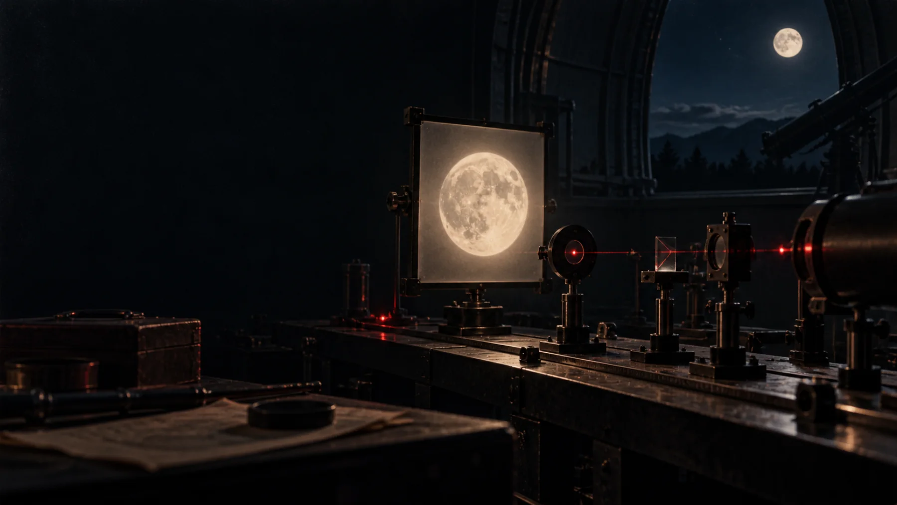 Conceptual editorial image of a Moon projection on an observatory optical bench